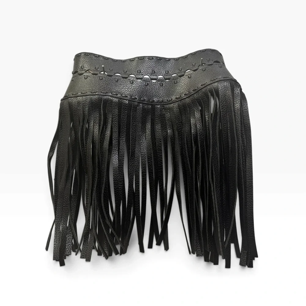 BCBGMAXAZRIA Black Pebbled Faux Leather Fringe Waist Belt Small Boho Corset